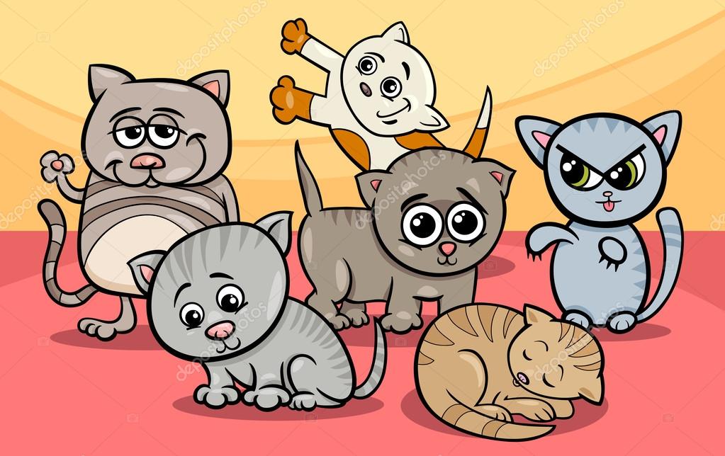 ilustração de desenho animado grupo gatos feliz - Stockphoto