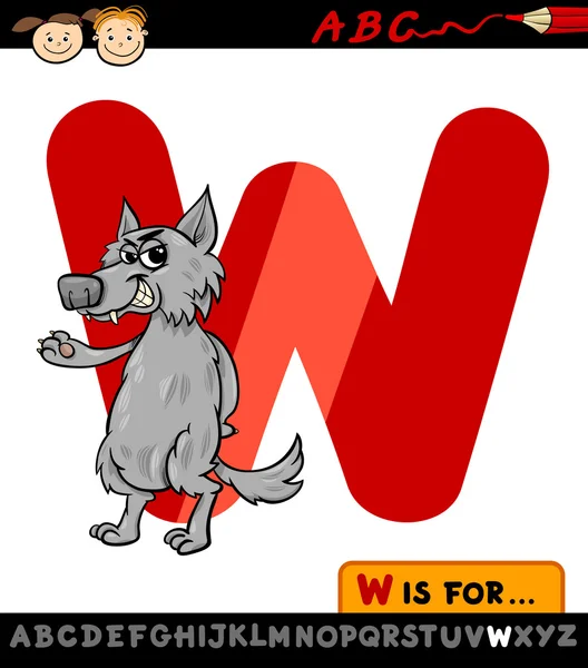 Γράμμα w με λύκος καρτούν εικονογράφηση — Διανυσματικό Αρχείο