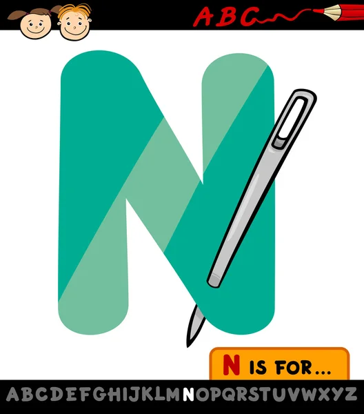 Letra n con ilustración de dibujos animados aguja — Vector de stock