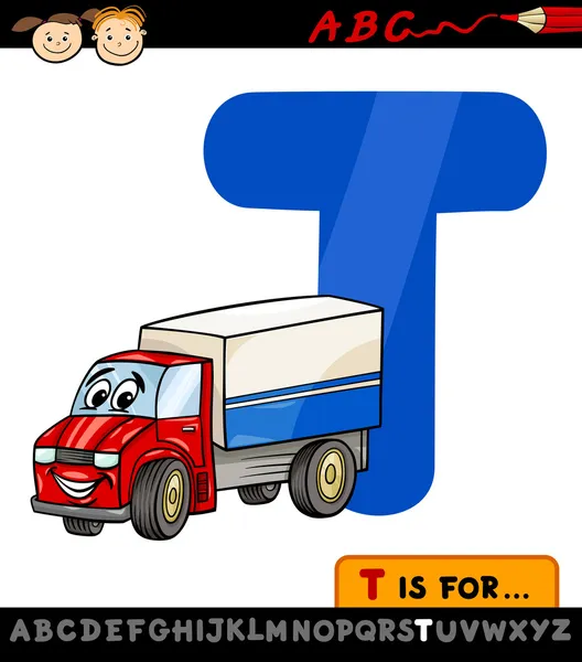Letter t with truck cartoon illustration — Stock Vector
