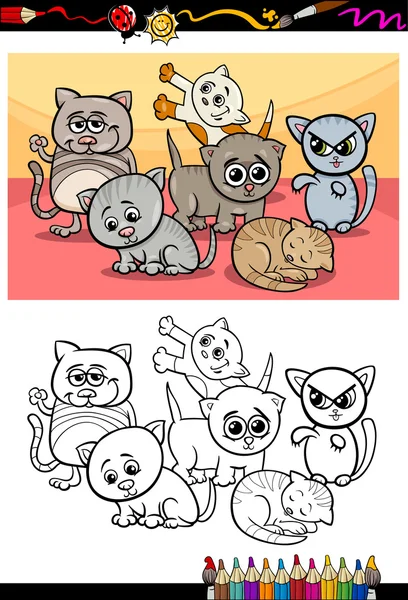 Kittens group cartoon coloring book — Stock Vector