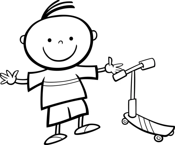 Niño con la página para colorear de dibujos animados scooter — Archivo Imágenes Vectoriales