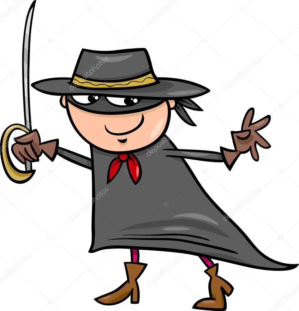 Fumetto illustrazione del ragazzo poco carino in costume del personaggio di zorro o fantasia per fantasia palla — Vettoriali di izakowski
