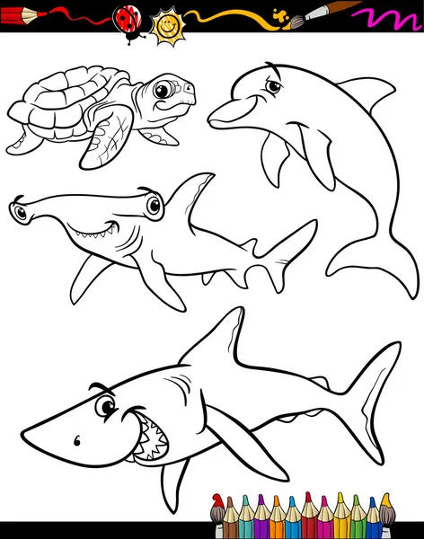 Sea life animals cartoon coloring book — Stock Vector