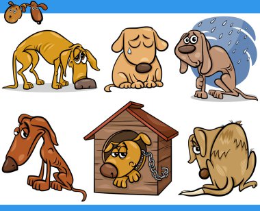 üzgün sokak köpekleri karikatür çizim seti