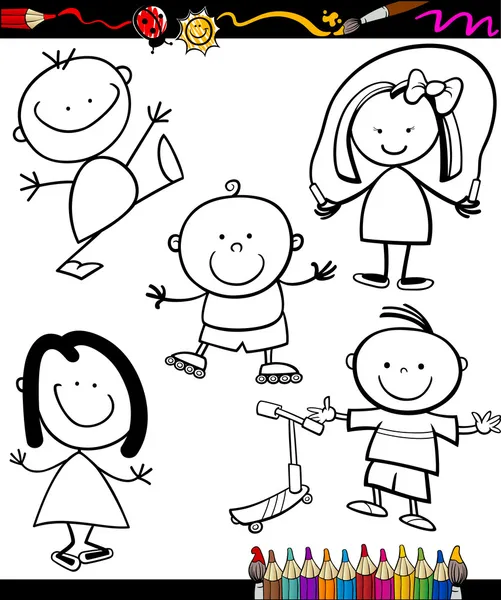 Ευτυχής παιδιά γελοιογραφία χρωματίζοντας βιβλίο — Διανυσματικό Αρχείο