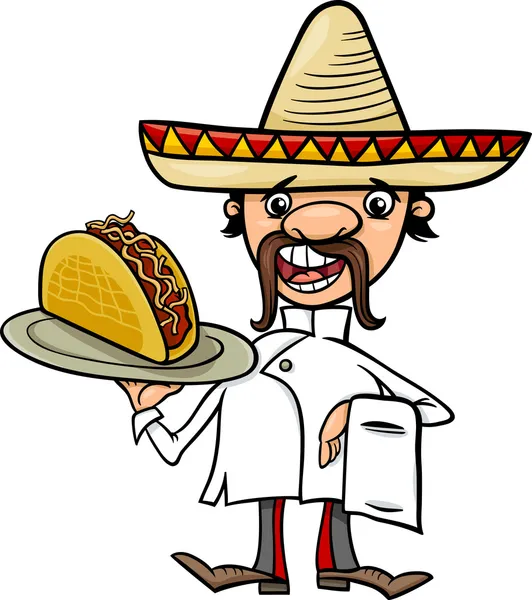 Mexikanischer Koch mit Taco-Cartoon-Illustration — Stockvektor