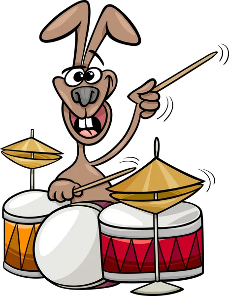 Conejito jugando tambores ilustración de dibujos animados — Vector de stock