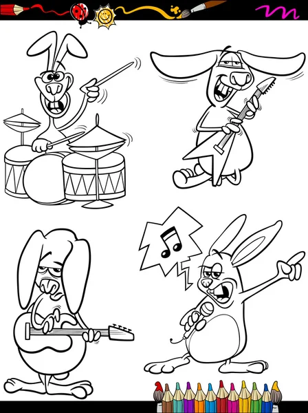 Rabbits musicians set cartoon coloring book — Stock Vector