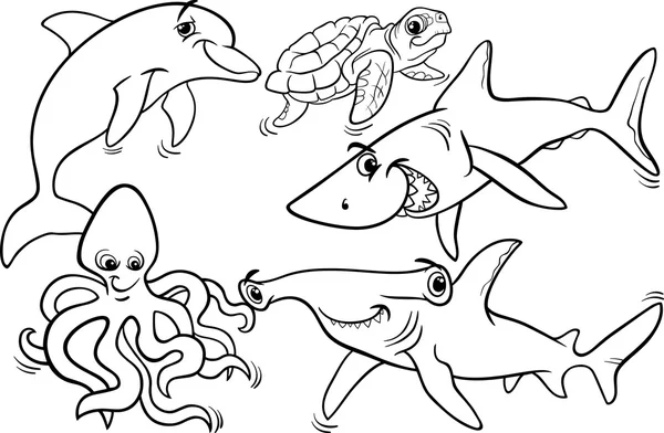 Θαλάσσια ζωή ζώα και ψάρια χρωματισμός σελίδα — Διανυσματικό Αρχείο