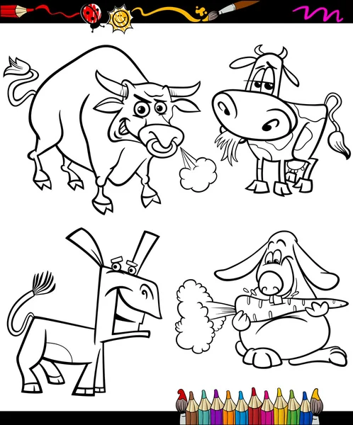 Farm animals set cartoon coloring book — Stock Vector