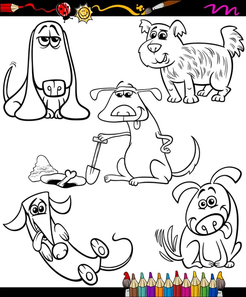 Perros conjunto de dibujos animados para colorear libro — Vector de stock