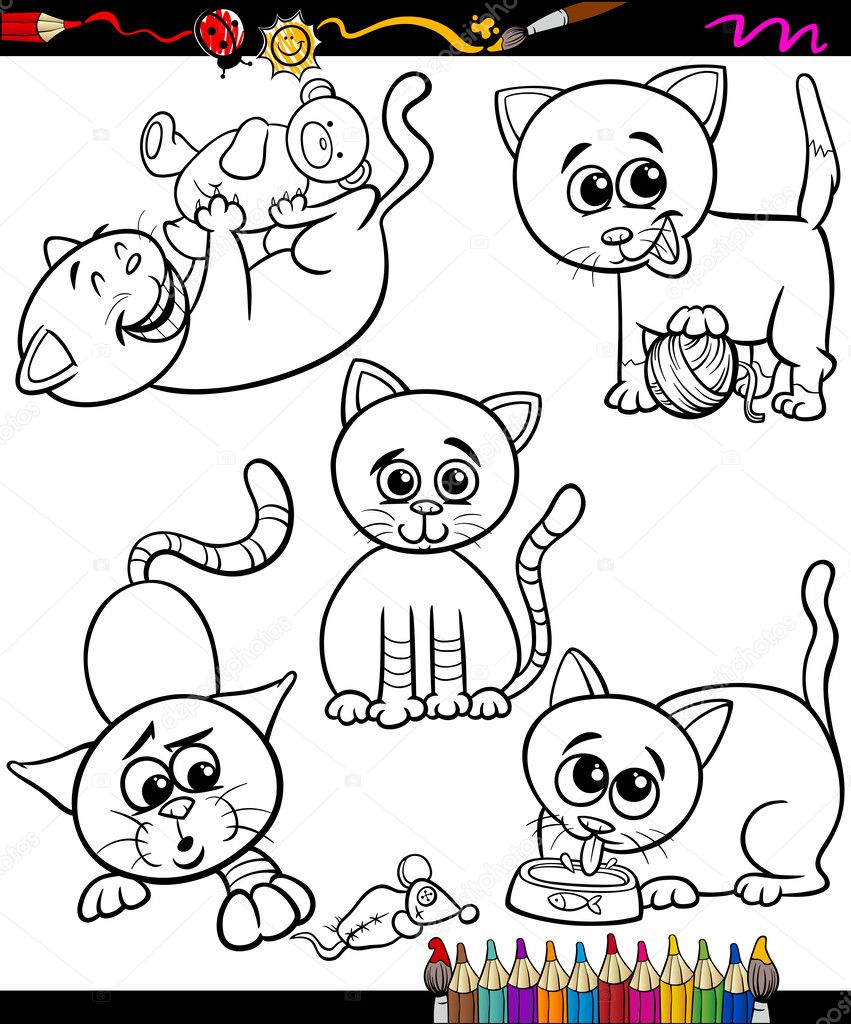 Feliz grupo de gatos desenhos animados para colorir livro imagem vetorial  de izakowski© 19167219