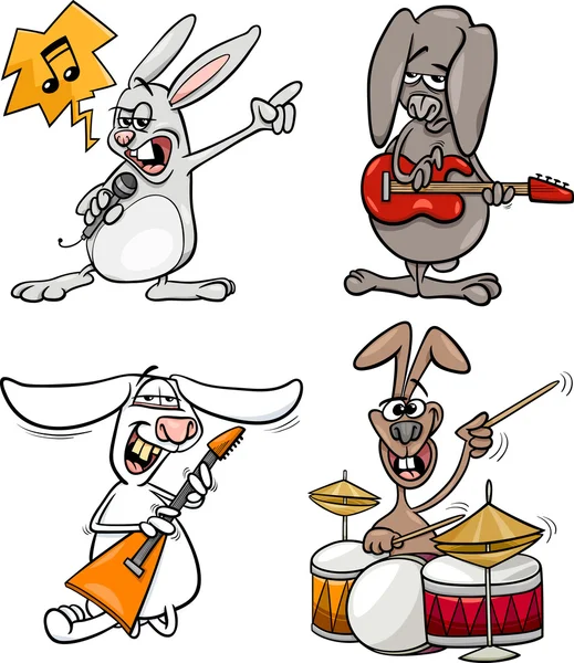 Rabbits rock musicians set cartoon — стоковый вектор