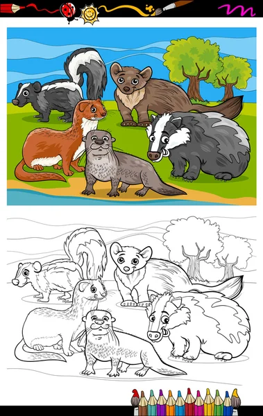 Mustelides animaux dessin animé coloriage livre — Image vectorielle