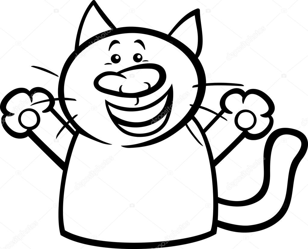 Illustrazione fumetto bianco e nero del gatto divertente che esprimono l emozione di felicit  per libro da colorare — Vettoriali di izakowski