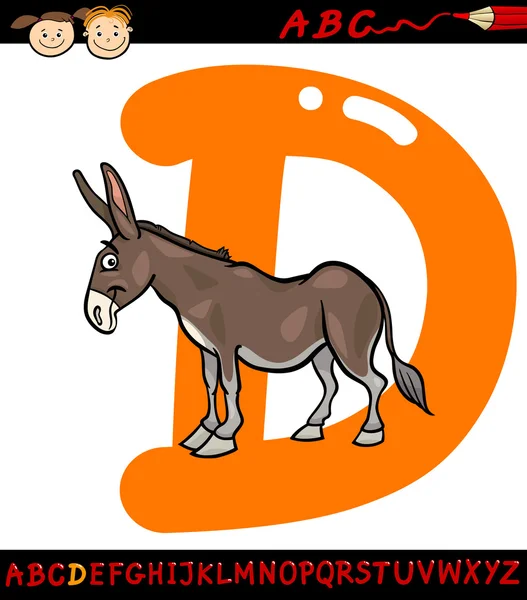 Letter d voor ezel cartoon afbeelding — Stockvector