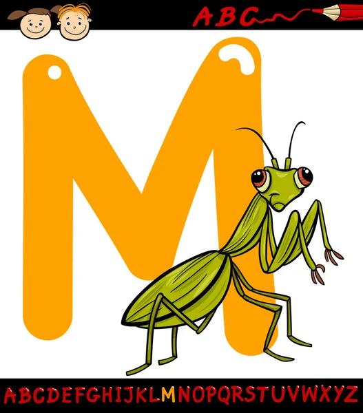 Letra m para ilustración de dibujos animados mantis — Vector de stock