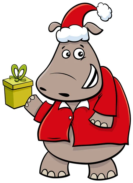 Hipopotam Hayvan Karakterinin Karikatür Çizimi Noel Zamanı Mevcut — Stok Vektör