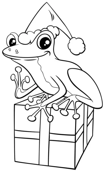 Black White Cartoon Illustration Tree Frog Animal Character Present Christmas — Stock Vector