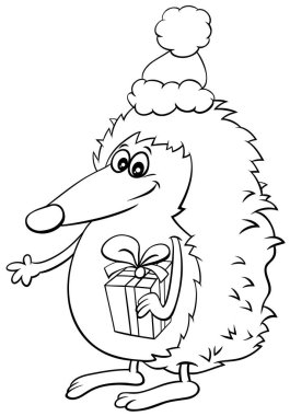 Kirpi hayvan karakterinin siyah-beyaz çizimi Noel zamanı boyama kitabında mevcut.