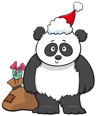 Noel zamanı hediye dolu çuvalla dev panda hayvan karakterinin karikatür çizimi.
