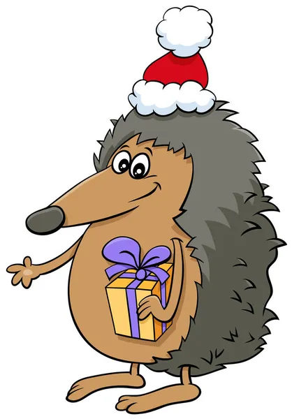 Dibujos Animados Ilustración Carácter Animal Erizo Con Presente Tiempo Navidad — Archivo Imágenes Vectoriales