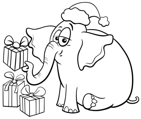 Illustrazione Bianco Nero Del Personaggio Animale Elefante Con Regali Sulla — Vettoriale Stock