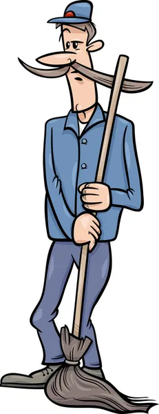 Janitor man with broom cartoon illustration — Stock Vector