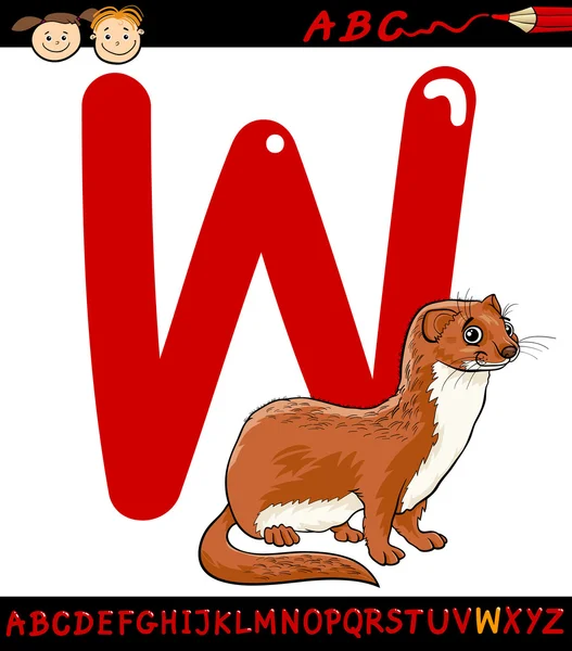 Carta w para ilustração de desenhos animados weasel —  Vetores de Stock