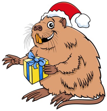 Coypu ya da nutria hayvan karakterinin Noel zamanı mevcut çizgi film çizimi
