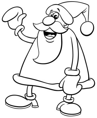 Noel Baba karakterinin Noel zamanı boyama kitabı sayfasındaki siyah beyaz çizgi film çizimi