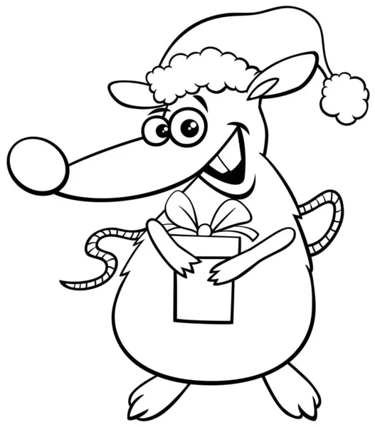 Černobílé Kreslené Ilustrace Zvířecí Postavy Krysy Dárkem Vánoční Čas Omalovánky — Stockový vektor