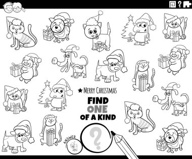 Siyah ve beyaz çizgi film çizimleri, Noel zamanı boyama kitabı sayfasında evcil hayvan karakterlerinin yer aldığı nazik resimli eğitici bir görev buluyor.