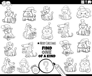 Siyah-beyaz karikatür çizimi, Noel zamanı boyama kitabı sayfasında evcil hayvan karakterlerinin yer aldığı bir tür resim eğitimi aktivitesi bul