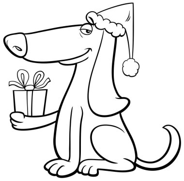 Köpek hayvan karakterinin siyah-beyaz çizimi Noel zamanı boyama kitabı sayfasında mevcut.