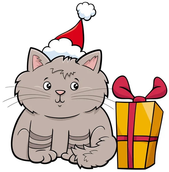 Cartoon Illustration Von Katze Oder Kätzchen Tierfigur Mit Geschenk Weihnachten — Stockvektor