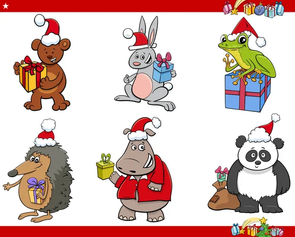 Illustration Dessins Animés Personnages Animaux Drôles Sur Plateau Noël — Image vectorielle