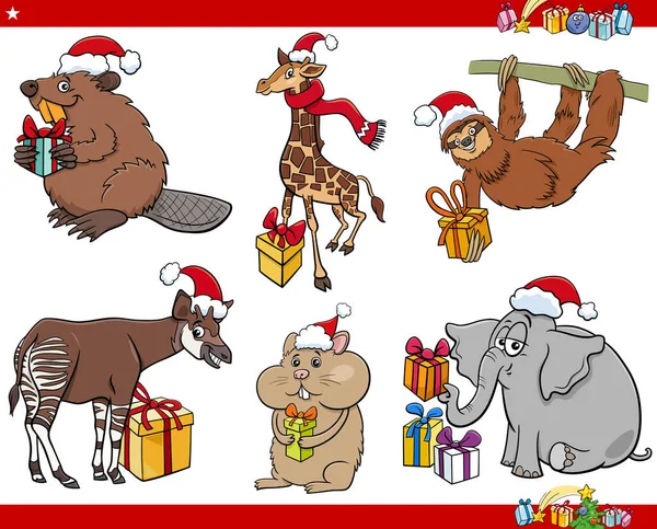 Cartoon Illustratie Van Stripdieren Personages Kerstmis Tijd Set — Stockvector