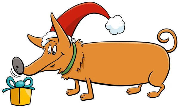 Cartoon Illustratie Van Grappige Hond Dier Karakter Met Cadeau Kerstmis — Stockvector