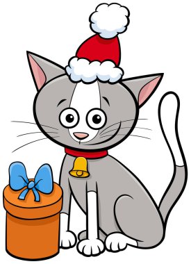 Kedi hayvan karakterinin Noel zamanı çanı ve hediyesiyle karikatür çizimi