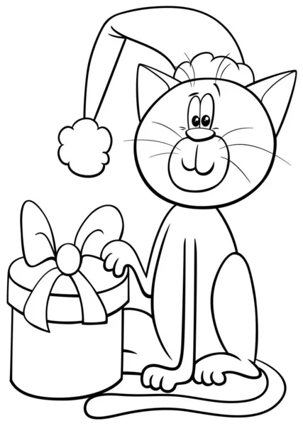 Černobílé Kreslené Ilustrace Kočičí Zvířecí Postavy Dárkem Vánoční Čas Omalovánky — Stockový vektor
