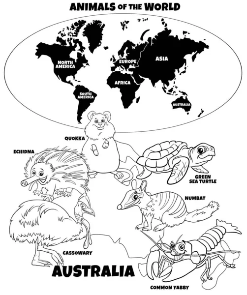 典型的なオーストラリアの動物種と大陸のぬり絵のページと世界地図の黒と白の教育漫画のイラスト — ストックベクタ