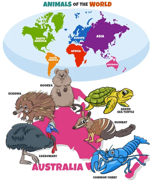 Ilustracja Kreskówki Edukacyjnej Typowych Australijskich Gatunków Zwierząt Mapy Świata Kontynentami — Wektor stockowy