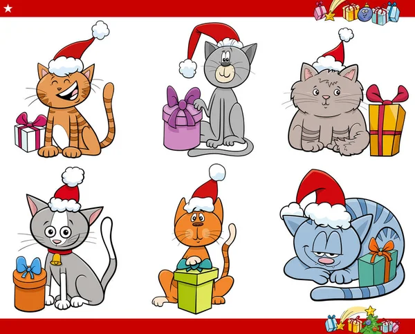 Dibujos Animados Ilustración Gatos Animales Personajes Navidad Tiempo Set — Archivo Imágenes Vectoriales