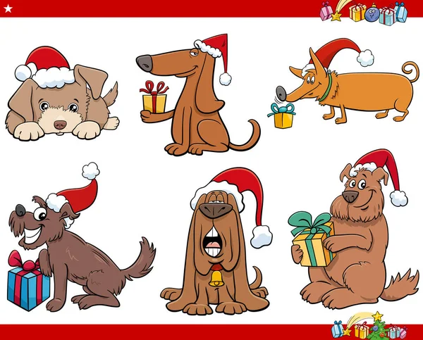 Kreslený Obrázek Psů Zvířecí Postavy Vánoční Čas Set — Stockový vektor