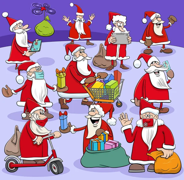 サンタクロース漫画のイラストクリスマスプレゼント付きの漫画のキャラクターの大きなグループ — ストックベクタ
