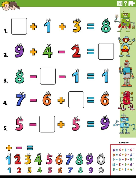Lkokul Çocukları Için Eğitici Matematiksel Hesaplama Görev Çalışma Tablosunun Karikatür — Stok Vektör