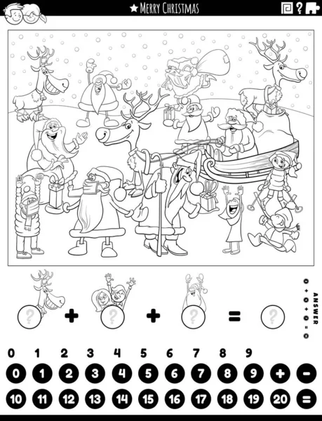 Desenhos Animados Preto Branco Ilustração Contagem Matemática Educacional Jogo Adição — Vetor de Stock