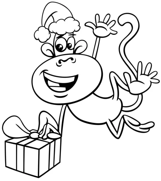 Černobílé Kreslené Ilustrace Opice Zvířecí Charakter Dárkem Vánoční Čas Omalovánky — Stockový vektor
